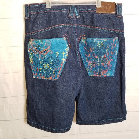 Blue and Orange Graphic Design Denim Shorts - Picture 2 of 3